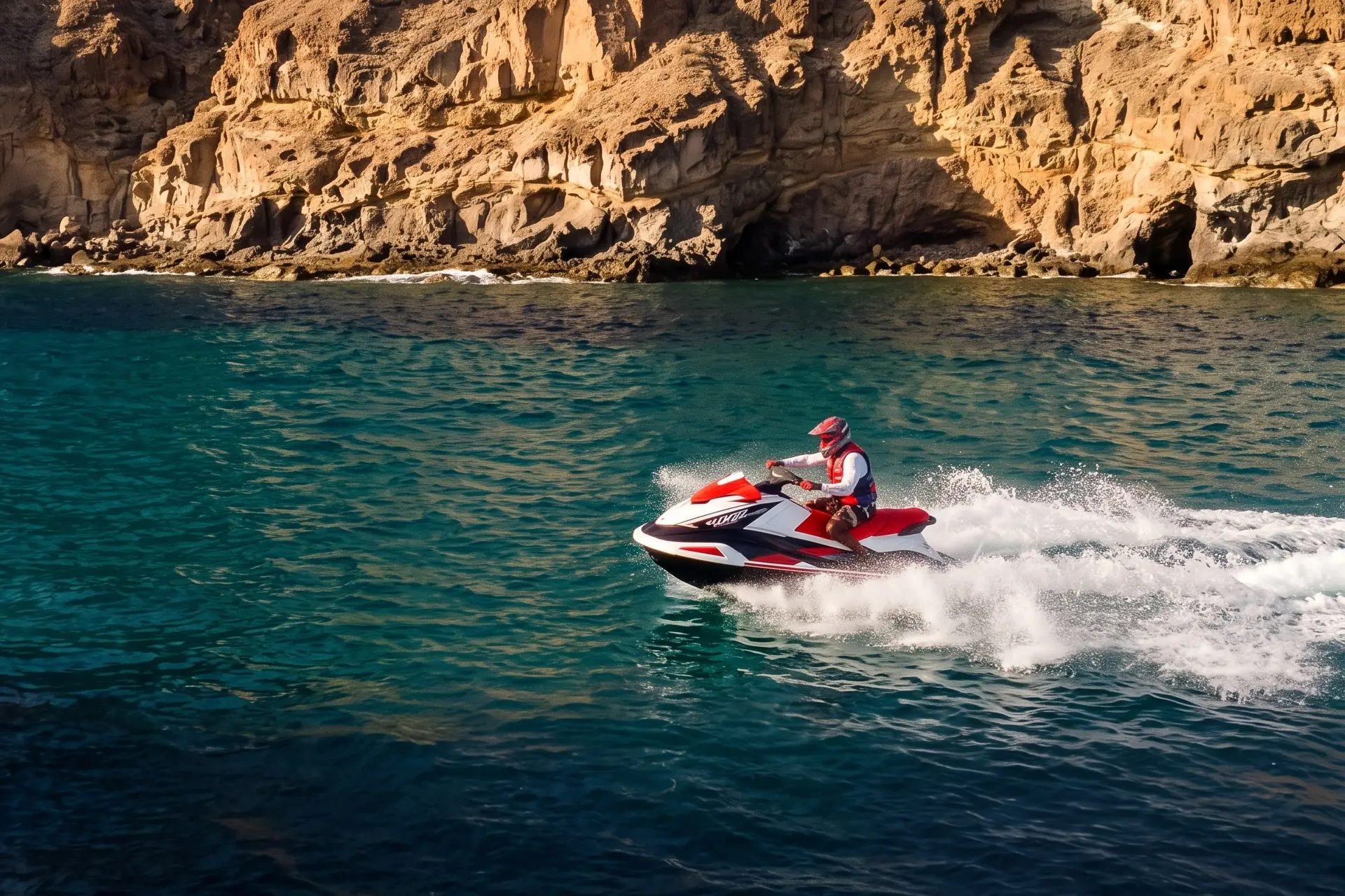 Una moto de agua cruza a toda velocidad el agua turquesa de una cala, al pie de un acantilado.