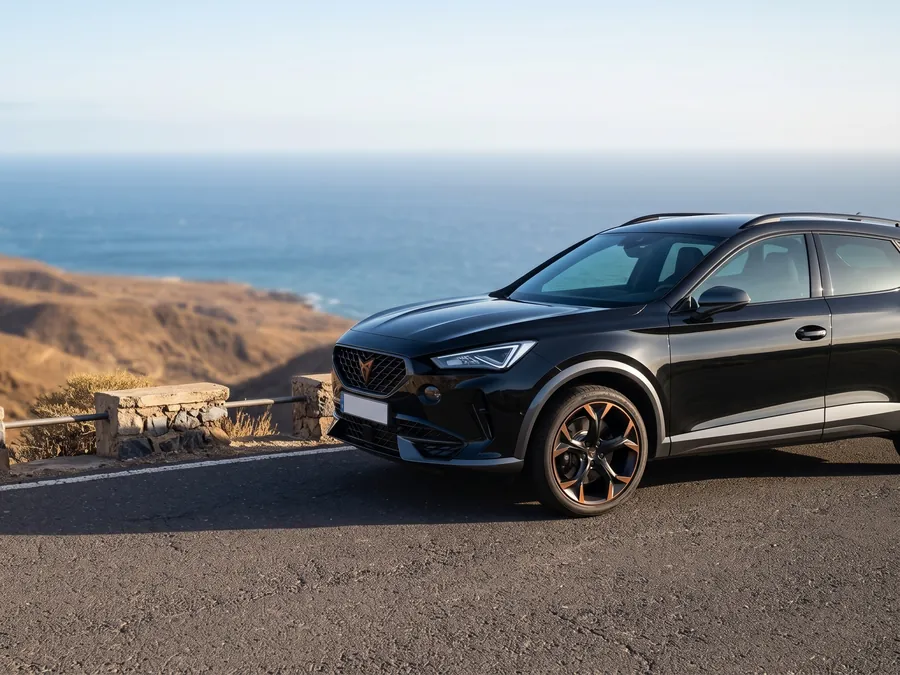 Un SUV negro aparcado en un mirador de una carretera de la costa de Gran Canaria, con el acantilado y el mar al fondo.
